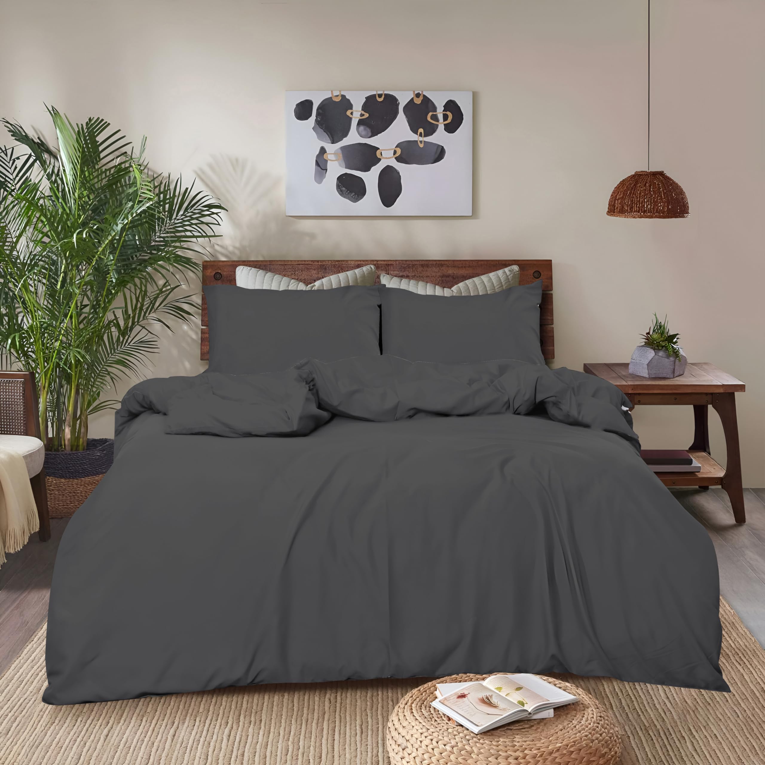 REHAN & CO Double Duvet Cover Sets – Soft Brushed Microfiber Bedding – Plain Quilt Cover With Pillow Cases (Charcoal Grey)