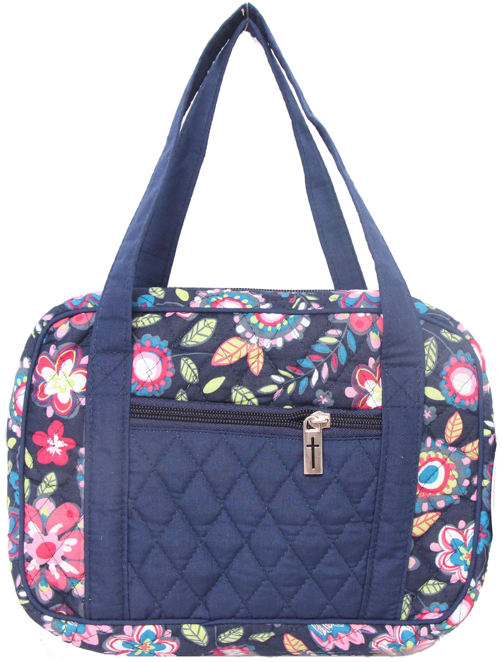 DIWI 11.25 X 8.25 X 2.75 Inches Super Giant Bible Cover Extra Large Bible Tote Bible Purse Quilted Cotton Zipper Closer Fit for NKJV Super Giant Print Reference Bible (1901C Navy Flowers, XL)