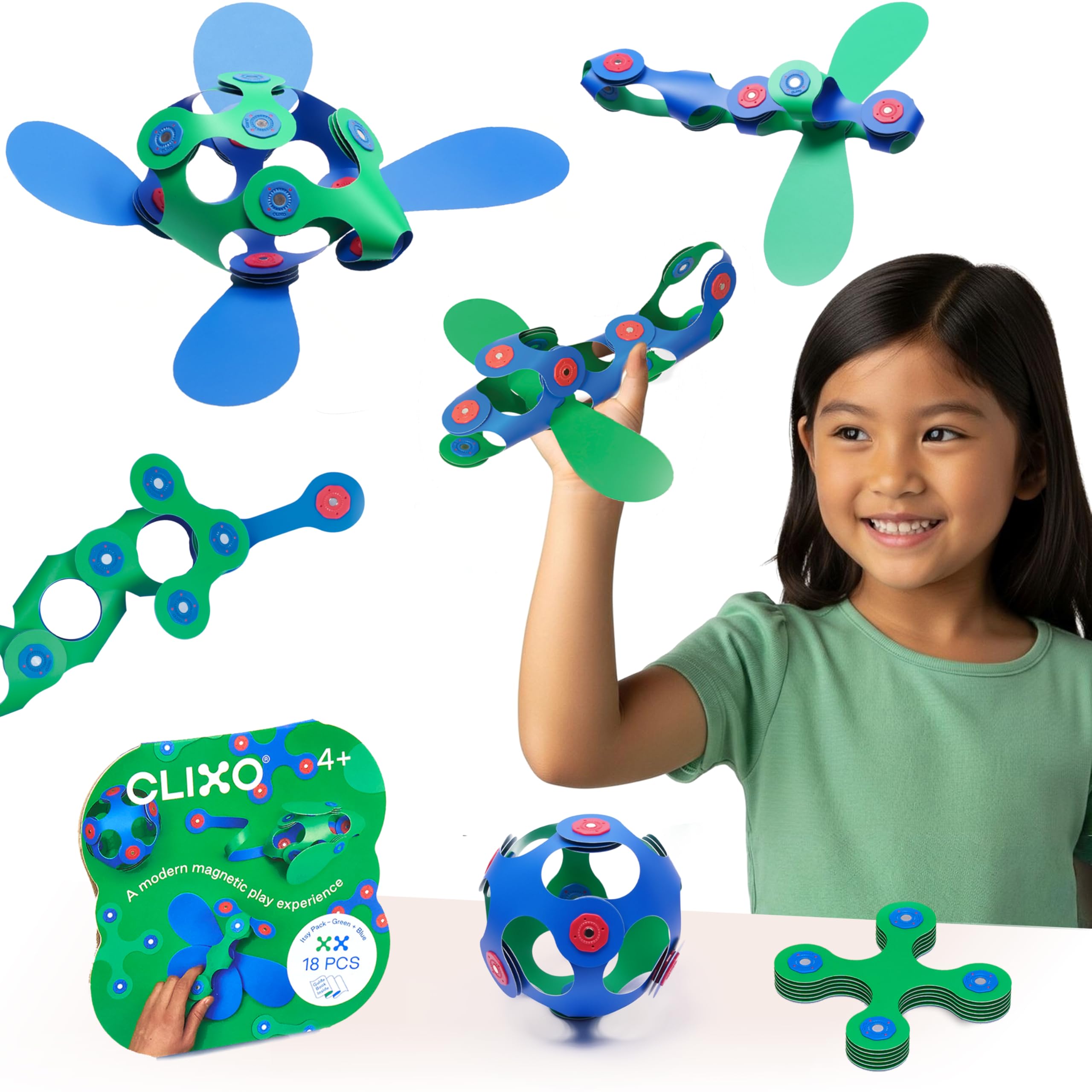 Clixo Grab & Go Magnetic Toy for Kids - Flexible, Durable, Imagination-Boosting Magnet Building Toy. An Educational Multi-Sensory STEM Experience. Great as a Travel Game. For Ages 4-99. 18 Piece Pack