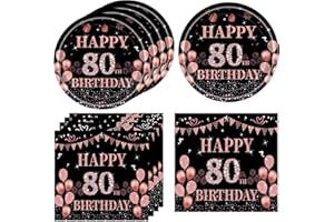 KHAIVI 40PCS 80th Birthday Decorations for Women Black and Rose Gold Birthday supplies Plates and Napkins 80 Birthday Decorations for Women Birthday Decorations Supplies