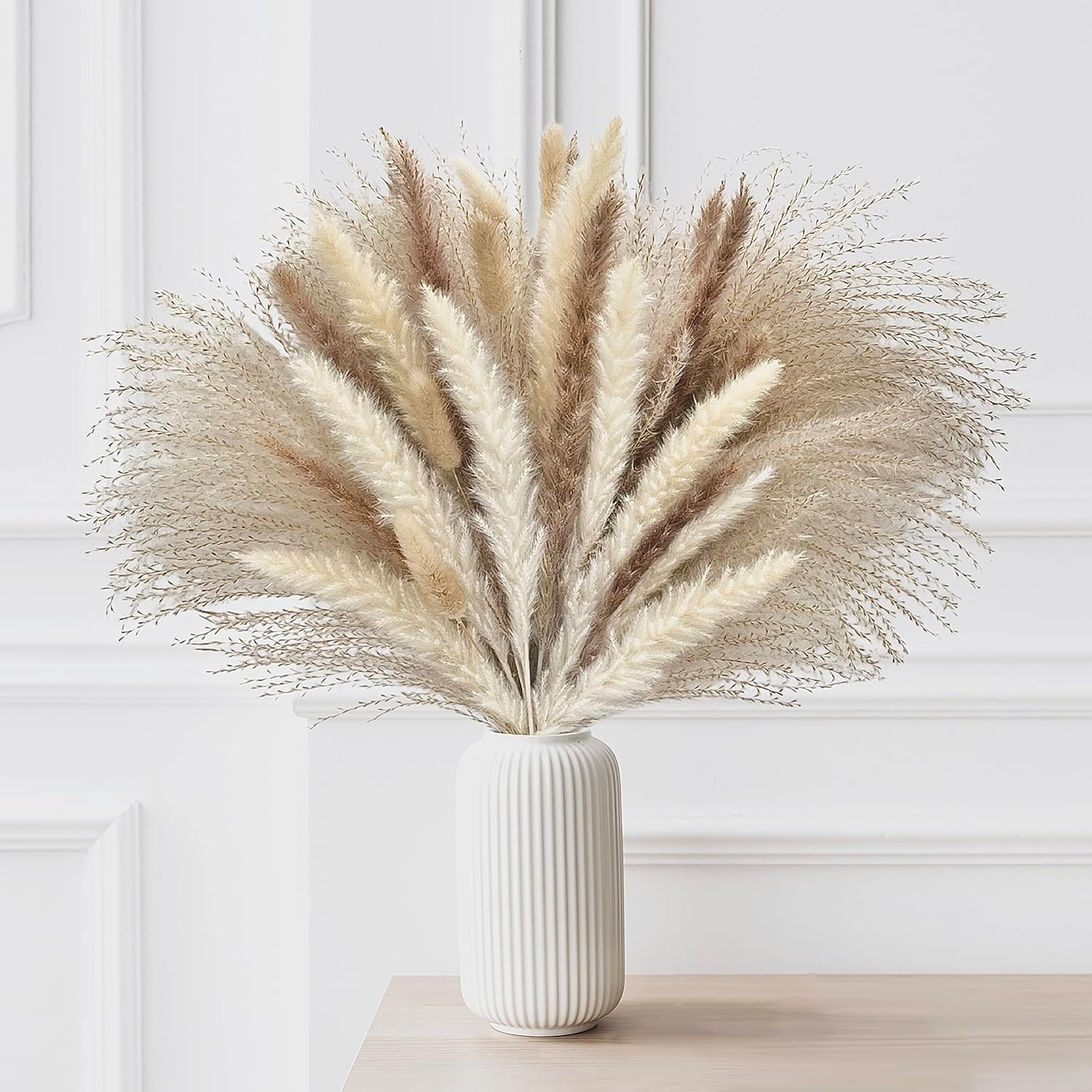Dried & Preserved Flora - Natural Dried Pampas Grass Bouquet - 85 PCS with Bunny Tails, Dried Flowers, and Pompas for Boho Home Decor, Wedding Floral Arrangements, Rustic Farmhouse Party in White and Brown