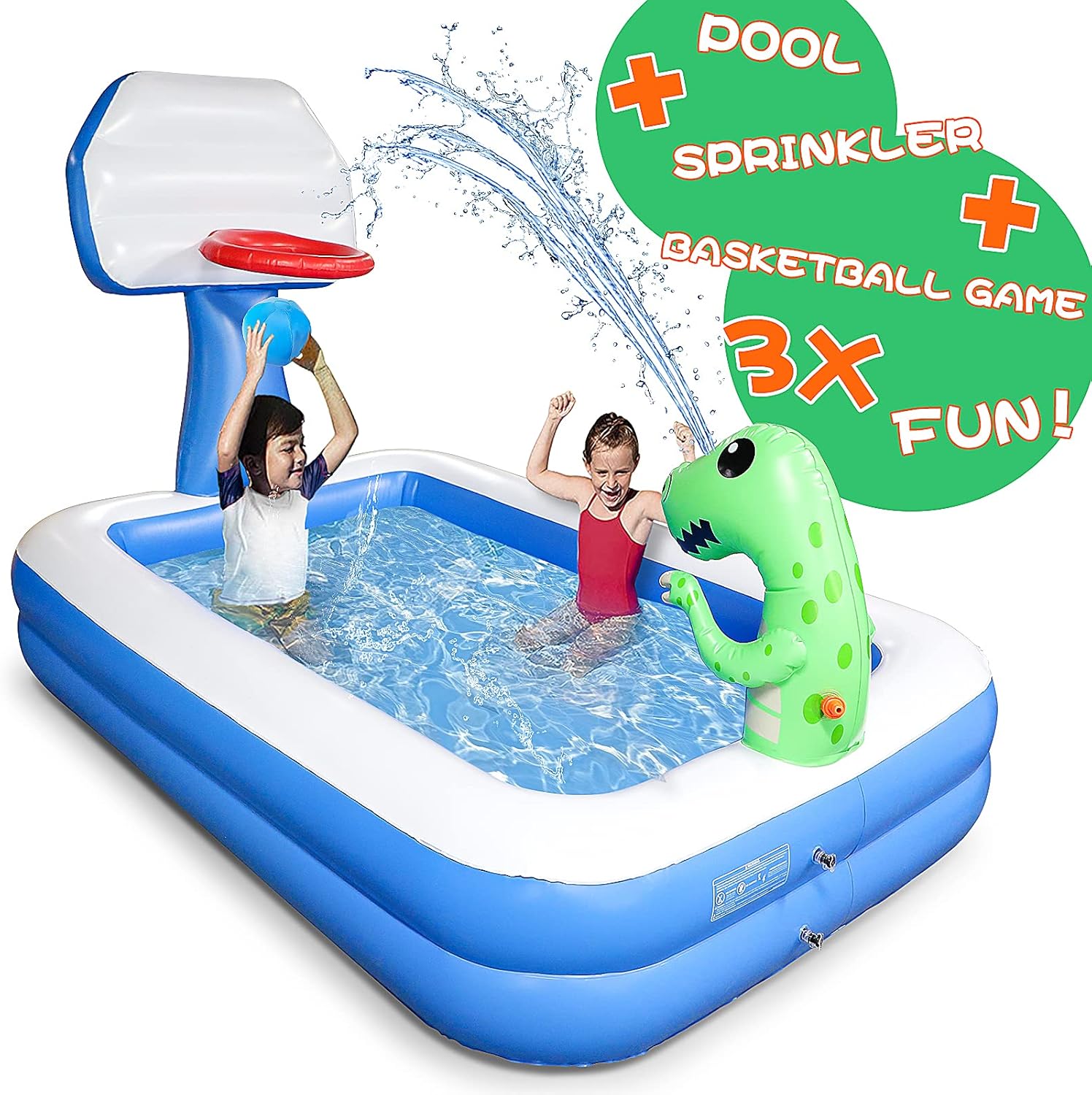Growsly Inflatable Pool - Swimming Pool for Kids, Blow Up Kiddie Lounge Pool with Basketball Hoop and Dinosaur Sprinkler for Kids Adults Toddlers Age 3+, Outdoor Water Toys for Garden Backyard: Kitchen & Dining