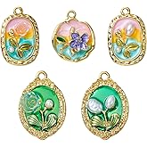 LEGENTLISUR 10 Pcs Golden Tone Alloy Enamel Charms for jewelry making Oval Flat Round with Oil Painting Flower Charms for Necklaces Earrings Bracelets DIY Supplies