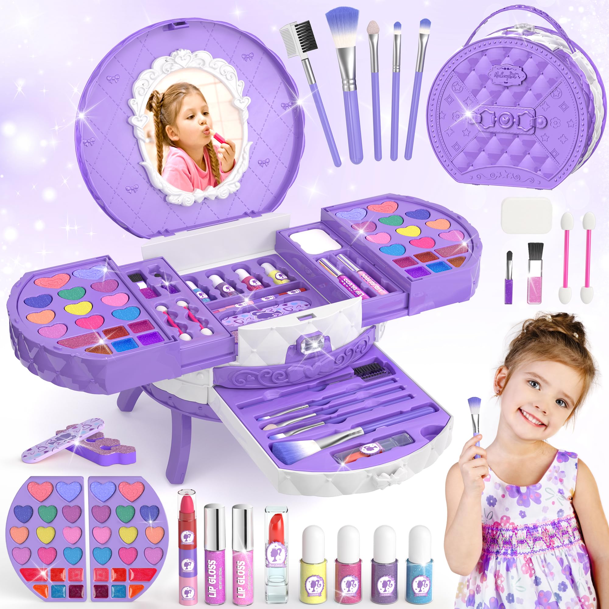 Photo 1 of PERRYHOME Kids Makeup Sets for Girls 5-8, 57 Pcs Kids Makeup Kit for Girls Non-Toxic Washable Real Cosmetic Set, Toddlers Birthday Gifts Princess Toys for 3 4 5 6 7 8 9 10 11 12 Year Old (Purple)