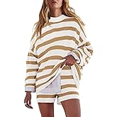 LAMISSCHE Womens Oversized Lounge Sets 2 Piece Outfits Striped Matching Pajama Set Long Sleeve Sweater Set