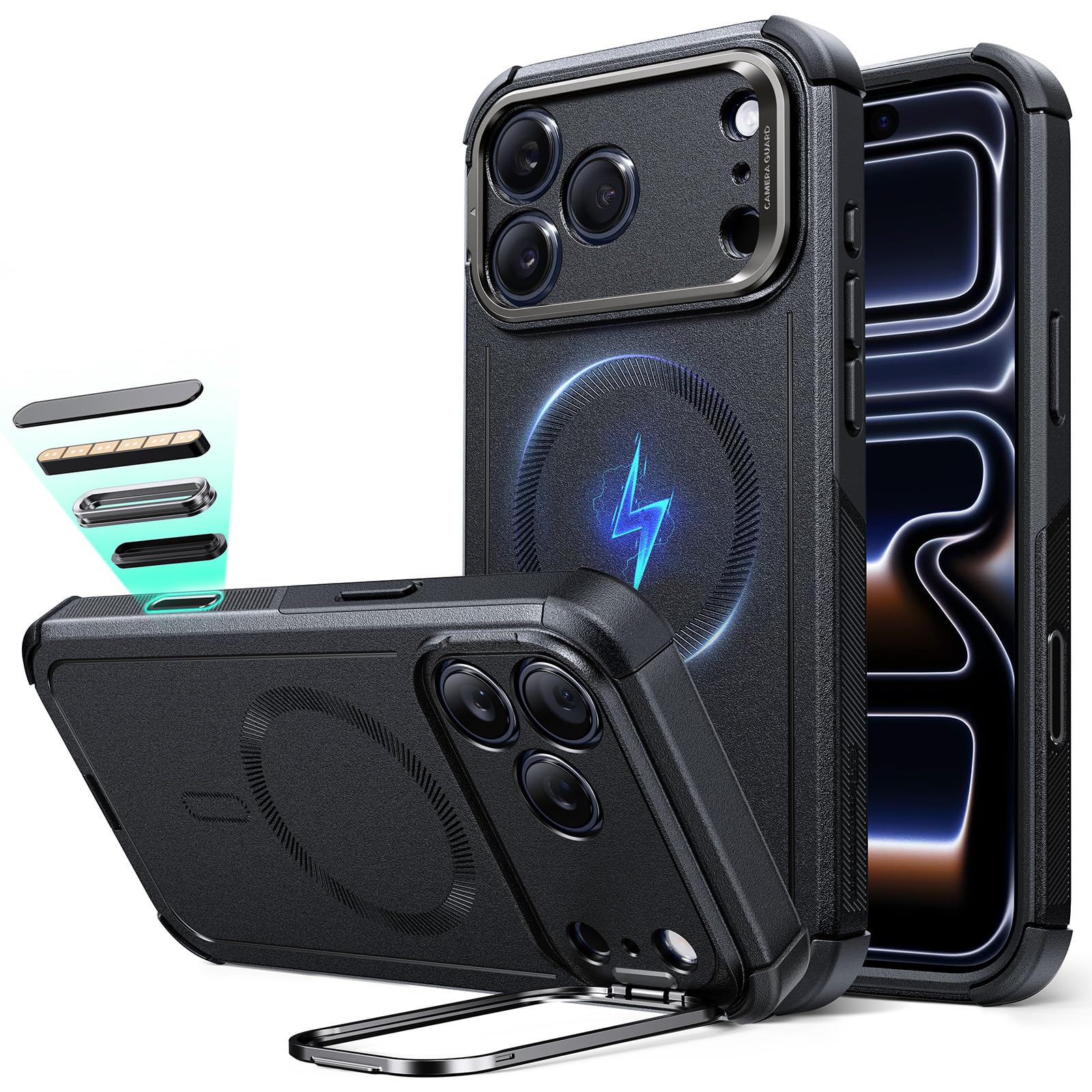 Photo 1 of ESR for iPhone 17 Pro Case with Stash Stand, 7X Military-Grade Drop Protection with Camera Control, Shock-Absorbing Phone Rugged Cover, Compatible with MagSafe Accessories, Cyber Series, Black