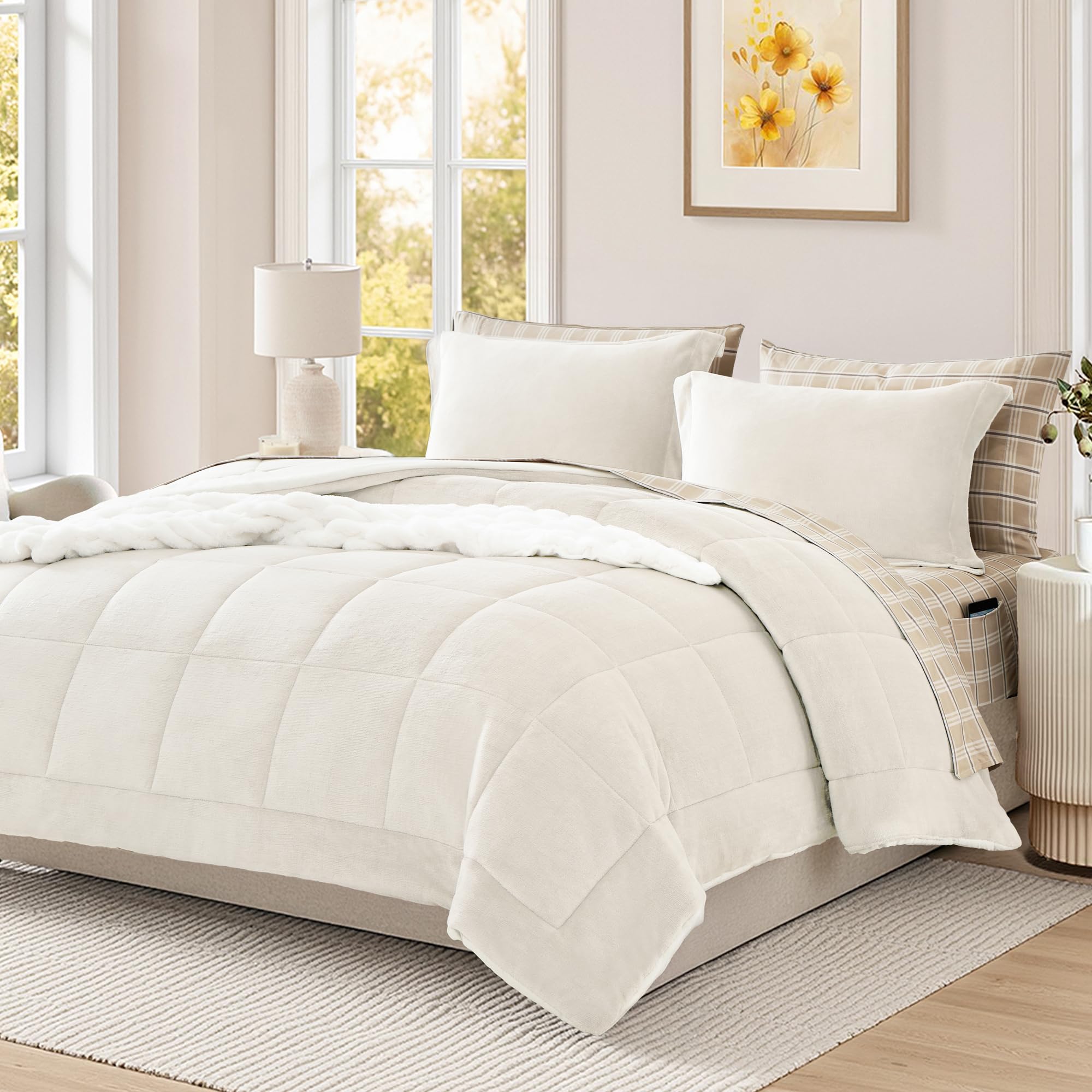Photo 1 of ** SHEETS ONLY**
AMBERSPACE Plush Queen Comforter Set Cream White, Flannel Velvet Comforter Sets 7 Pieces Bed in a Bag, Soft Warm Winter Bedding Set with Sheets, Pillowcases & Shams