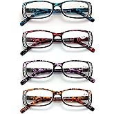 V.W.E. 4 Pairs of Women Rectangular Rhinestones Effect Reading Glasses - Fashion Leopard Clear Lens Readers Demi Tortoise