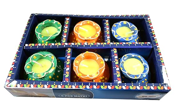 Dinngo India Handcrafted Eco Friendly Designer Clay Matka Diya with Wicks Stone Work for Diwali Gift Offer Set of 6 Terracotta Deepak