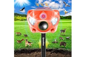 Solar Powered Animal Deterent, Ultrasonic Animal Control Device with Motion Sensor and FIashing Light, Waterproof Outdoor Ani