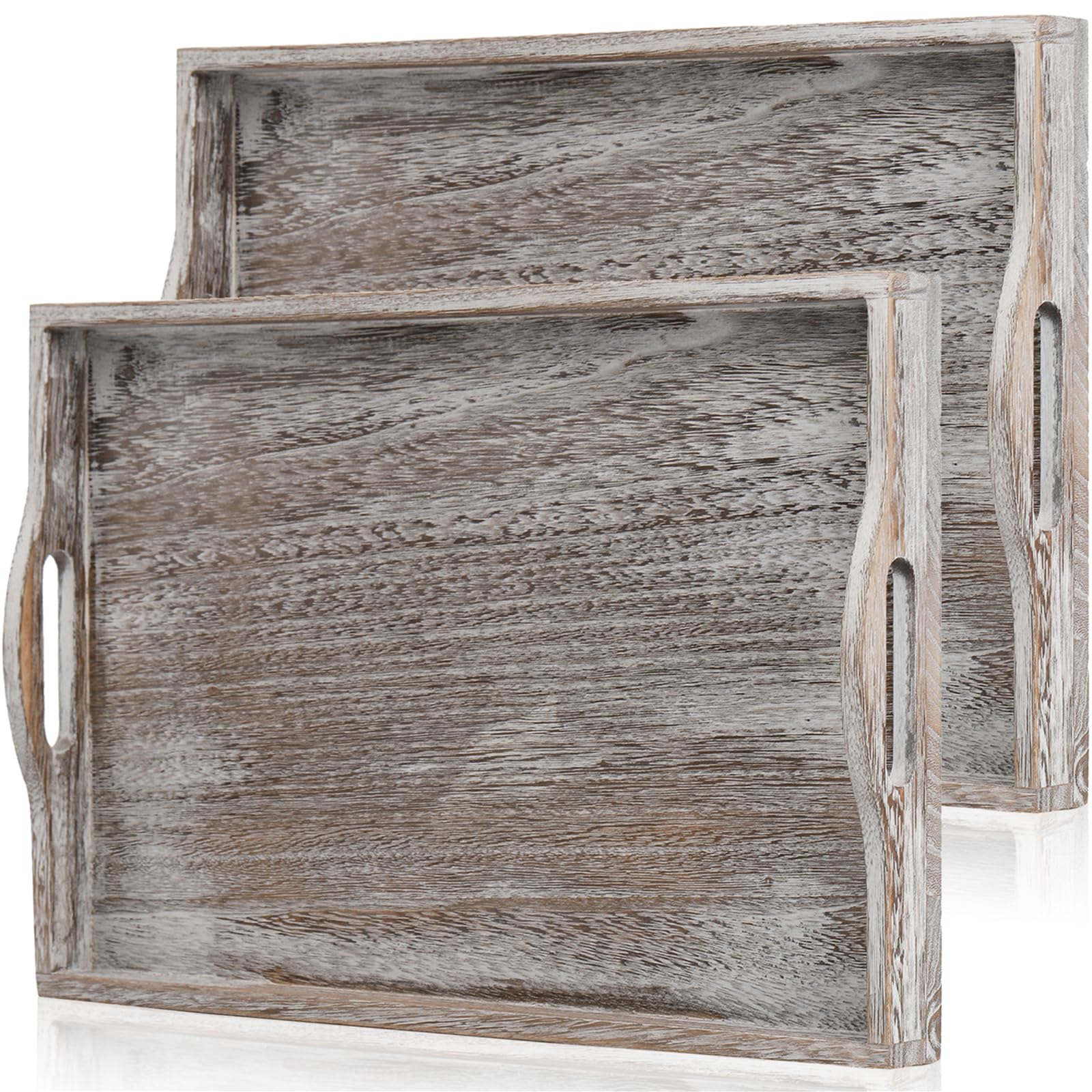 Photo 1 of DEAYOU 2 Pack Wood Serving Tray, 16.5" Ottoman Wooden Trays for Coffee Table, Farmhouse Vintage Decorative Tray Platter with Cutout Handle for Eating, Breakfast, Rectangle, 16.5" L x 11" W