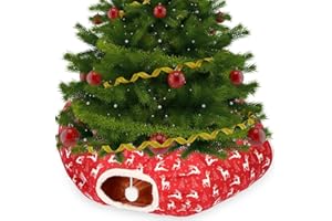 Yeyeplum Cat Tunnel Christmas Tree Skirt Cat Bed Indoor 3 ft x 3 ft x 10 Inch Kitten Donut Tunnel with Ball Peekaboo Cave Pet Bed Round Hideaway Holiday Cave Circle Pets Gift(Elk)