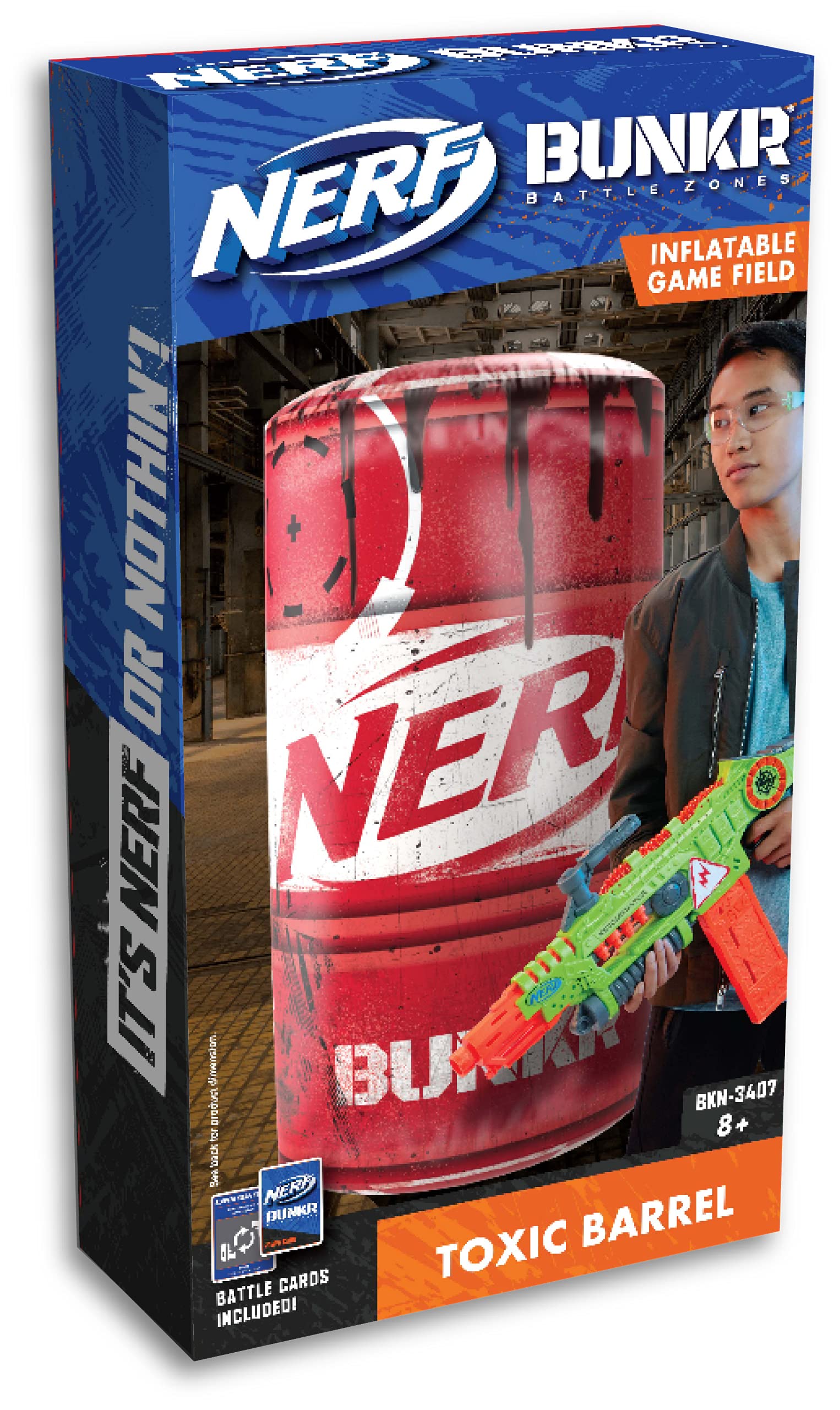 Nerf Bunkr BKN-3407 Take Cover Toxic Barrel-Inflatable Obstacle for Use with All Indoor & Outdoor Zones Game Fields-Features Stability System, 3-Way Valves, Battle Cards, 8+ Years
