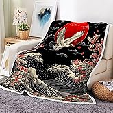 DYNH Japanese Wave Cherry Blossom Throw Blanket, Vintage Japanese Crane Wildlife Animal Red Sun Ocean Wave Anime Soft Warm Flannel Black Blanket for Bed Sofa,50X60