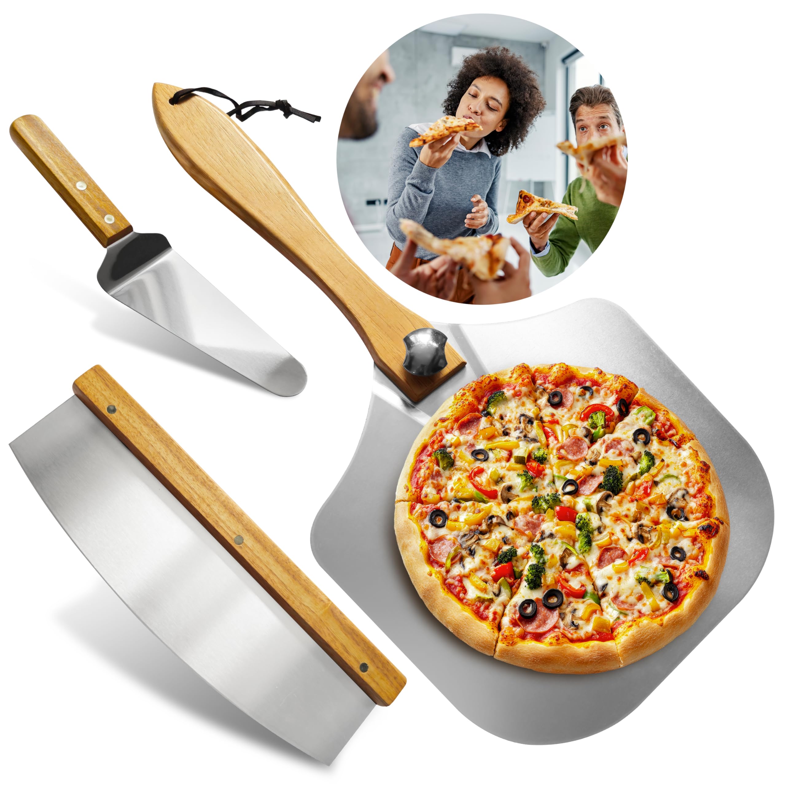 12" x 14" Pizza Peel & Pizza Cutter, 3 in 1 Pizza Oven Accessories Set: Pizza Cutter, Pizza Server & Pizza Paddle, The Ultimate Buy for Pizza Lovers