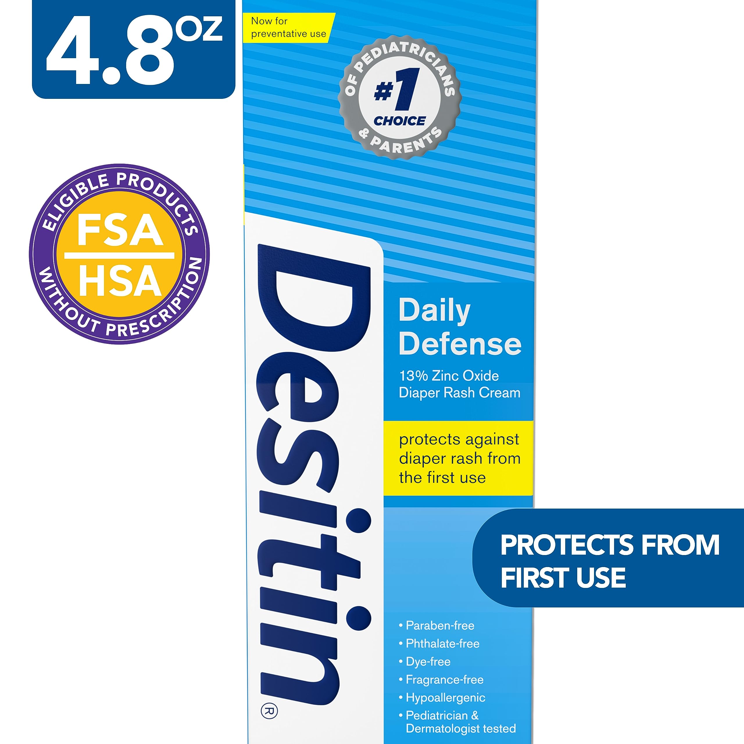 Desitin Daily Defense Baby Diaper Rash Cream with Zinc Oxide to Treat, Relieve & Prevent diaper rash, Hypoallergenic, Dye-, Phthalate- & Paraben-Free, 4.8 oz