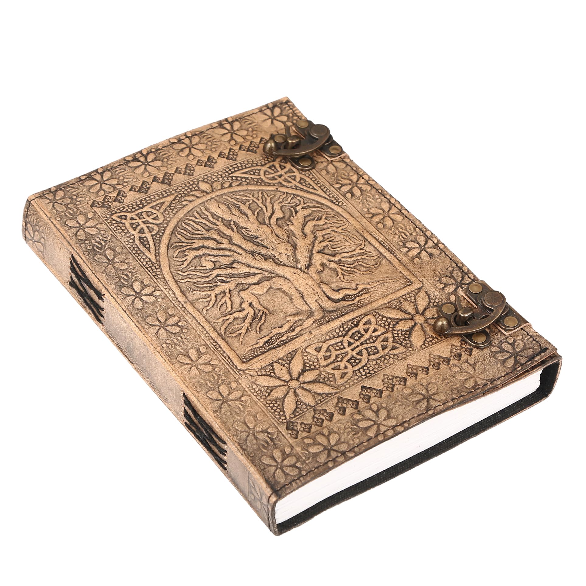 ANANYOM Handmade Leather Journal, Vintage Color, Tree of Life Hand Embossed Design, Genuine Leather Notebook Diary,Sketchbook with Two Brass Clasp Lock, Journal for Men & Women, Office Journal Deckle