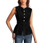 Lentta Womens Suede Vest Crew Neck Sleeveless Button Down Dressy Suit Waistcoat with Belt