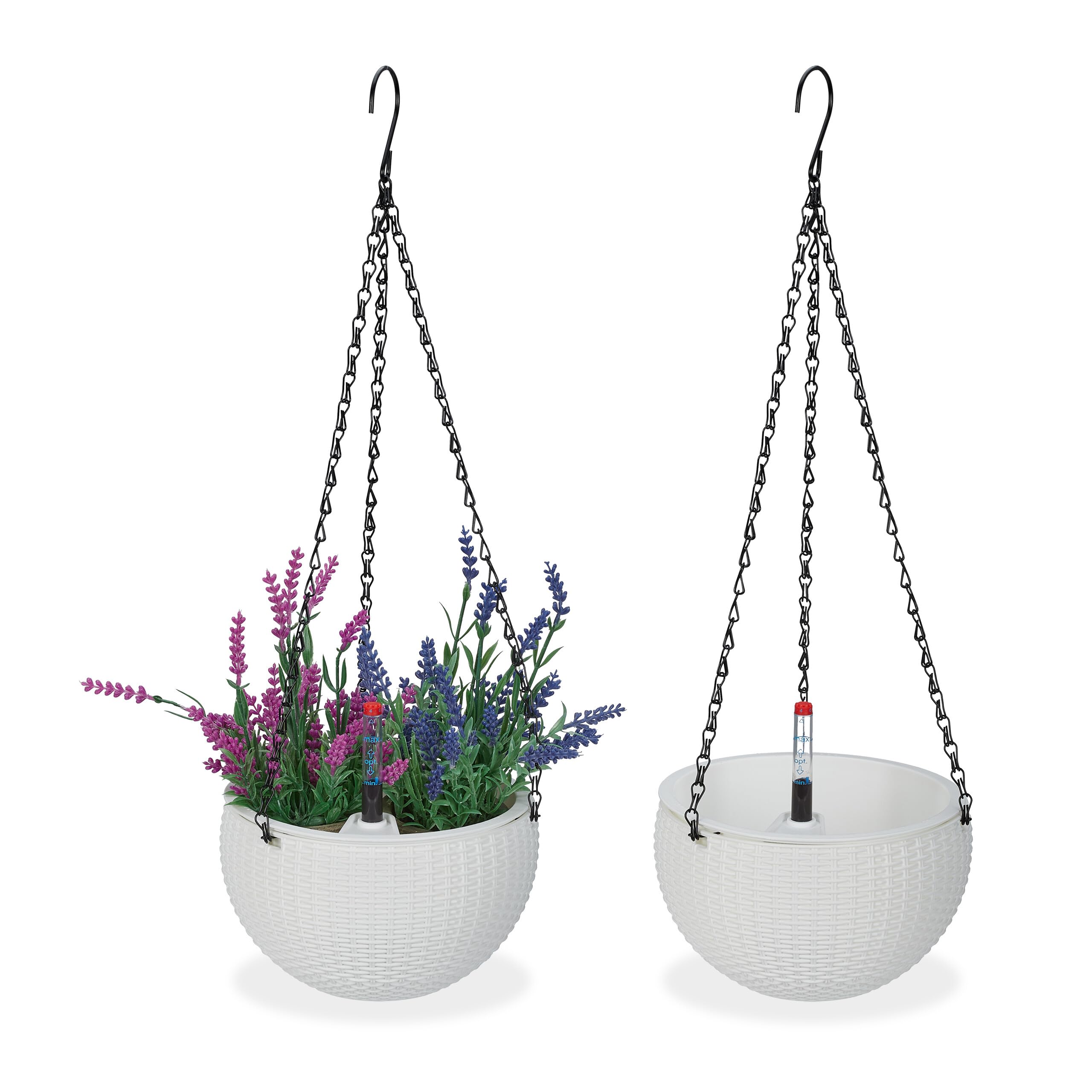 Relaxdays Set of 2 Hanging Baskets with Water Reservoir, HxØ: 54 x 18.5 cm, Out- & Indoor, Suspended Pot, Plastic, White