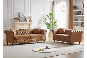 JEEOHEY 2 Piece Living Room Sofa Set,High-tech Fabric Button Tufted Couch and Loveseat Set with Nailhead Trim&Roll Armrests,Mid Century Modern Chesterfield Sofa for Living Room,Office(Loveseat+3 Seater,Brown)
