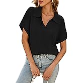 Cakulo Womens Spring Summer Crochet Tops 2025 Polo V Neck Short Sleeve Sweater Top Black XL
