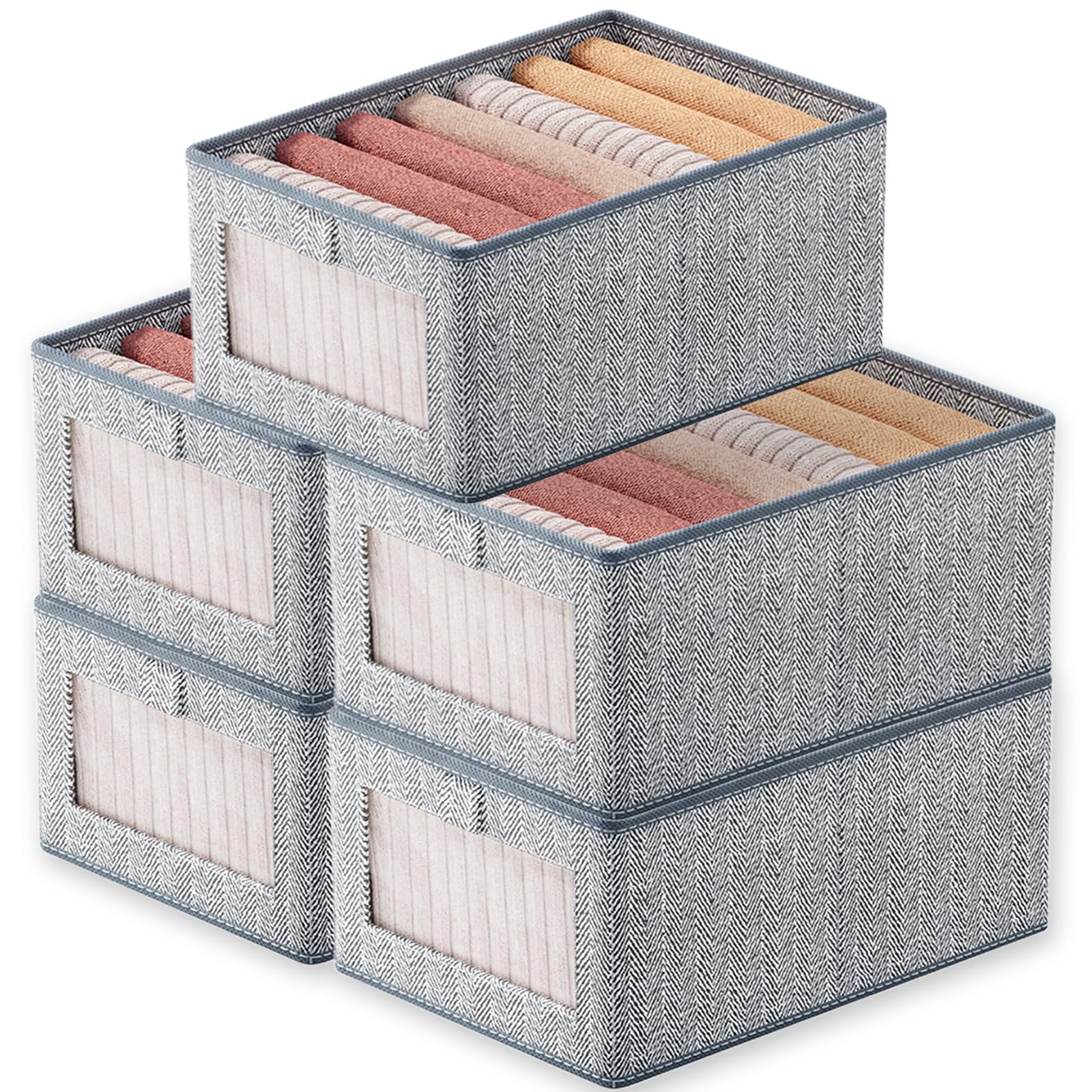 Goesort Set of 5 Clothes Storage Boxes, Wardrobe Storage Organiser Fabric Clothes Organiser, Storage Boxes with Clear Window For Jeans Pants Shirts Leggings Sweaters, Medium