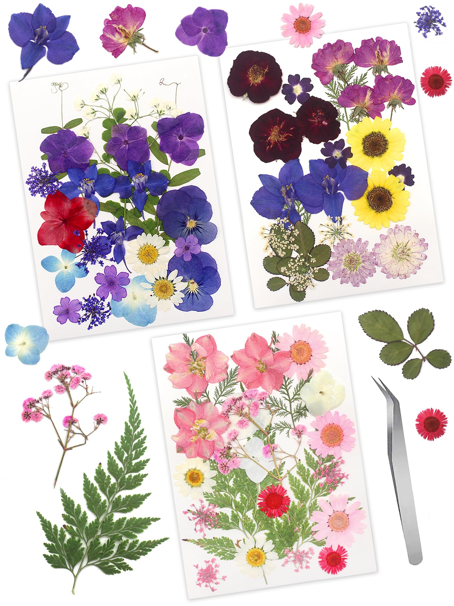 Cinvo 68 Pcs Real Dried Pressed Flowers and Leaves Natural Dried Petals Greenery with Tweezer for Candle Resin Jewelry Soap Nail Pendant Phone Case Crafts Making Floral Decors DIY Embellishments