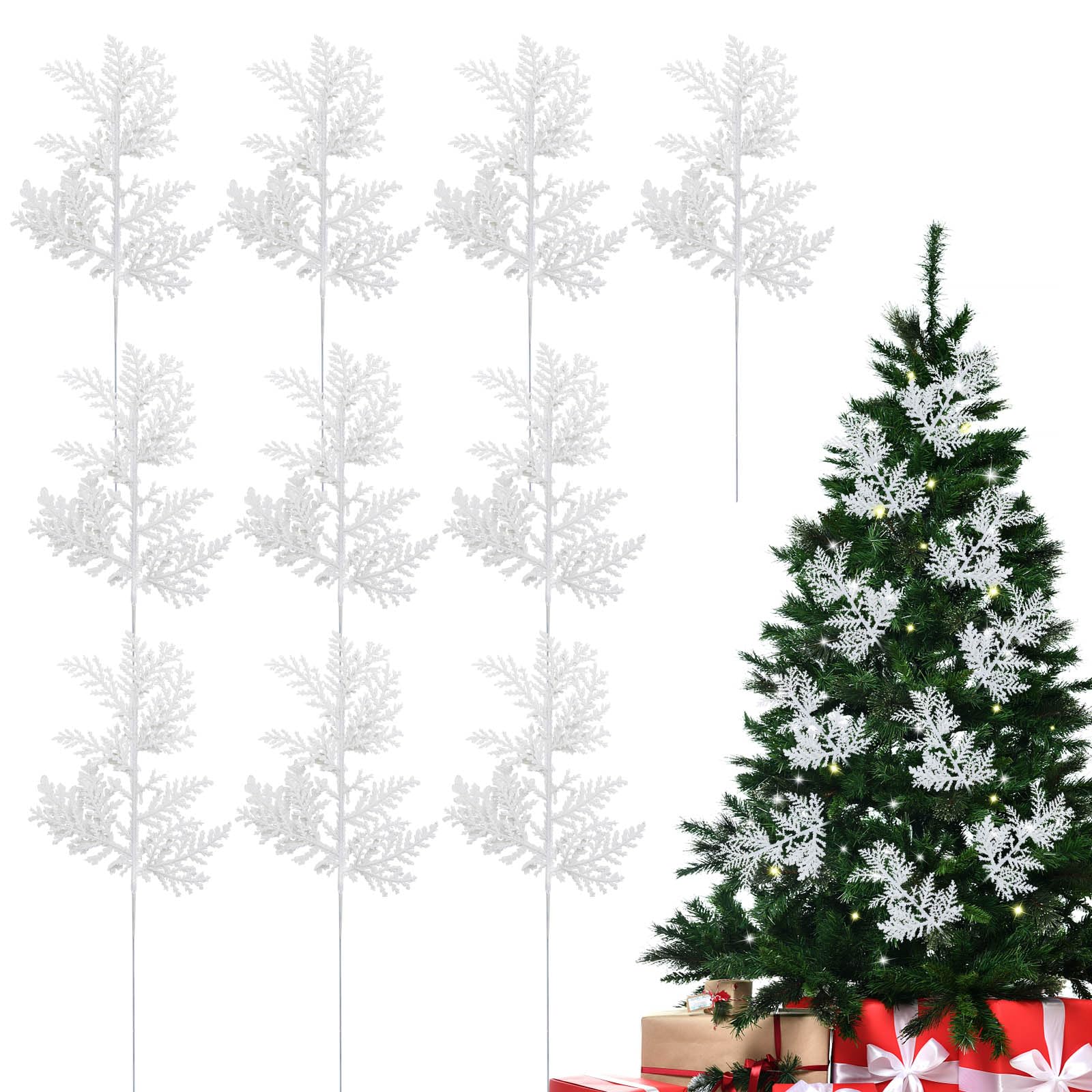 MOTONG 10 PCS Glitter Christmas Tree Pine Leaves, Artificial Picks, Pine Needles Simulated Branch for Xmas Tree Wreath Seasonal Decoration (White)