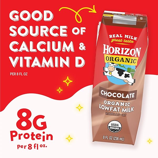 HORIZON ORGANIC SHELF STABLE 1% LOWFAT CHOCOLATE MILK BOXES, 8 FL OZ, 18 COUNT – 8G PROTEIN PER SERVING, USDA ORGANIC UHT FROM PASTURE-RAISED COWS, READY TO DRINK FOR LUNCHBOX, TRAVEL, OR ON-THE-GO, NO REFRIGERATION NEEDED