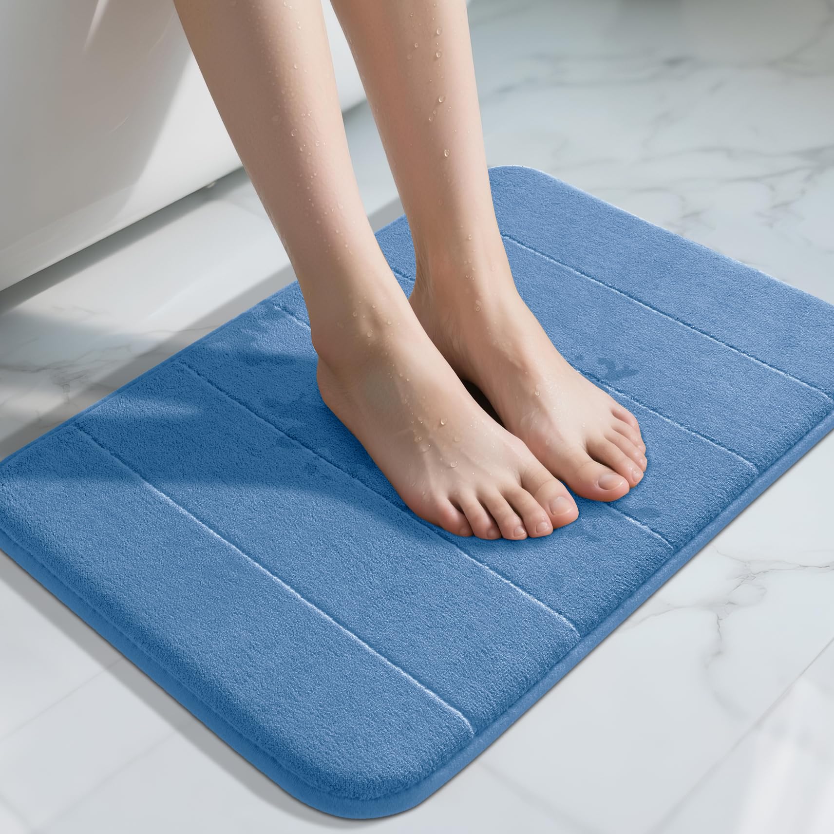 Yimobra Memory Foam Bath Mat Large Size, Soft and Comfortable, Super Water Absorption, Non-Slip, Thick, Machine Wash, Easier to Dry for Bathroom Floor Rug, Blue, 43 x 61 cm