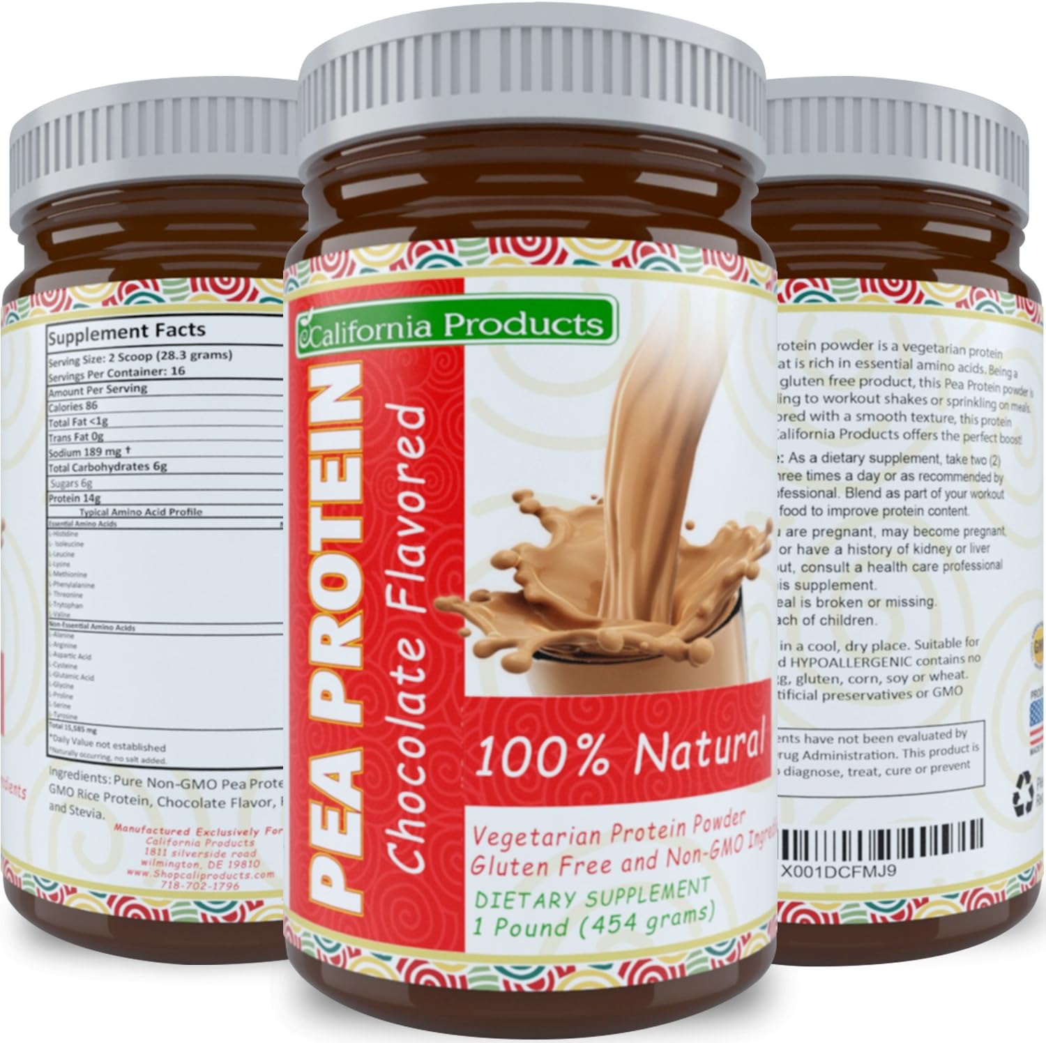 Pea Protein Powder with Rice Protein Chocolate Flavor - 100% Pure All Natural Potent Formula Amino Acids Vitamins and Fiber - Weight Loss Workout Supplement for Men and Women by California Products.