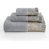 Loom and Mill Luxury Bath Towel Set 3 Piece, Ultra Soft Velour Cotton Cut Pile Decorative Highly Absorbent Quick Dry Elegant Jacquard Embroidered Bath Towels for Bathroom Hotel, Spa and Kitchen (Grey)