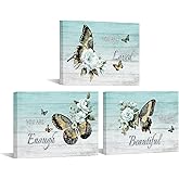 KLVOS 3 Panel Inspirational Quote Canvas Wall Art Turquoise Vintage Butterfly Picture Painting Teal Motivational Decor for Room Ready to Hang 12x16inch
