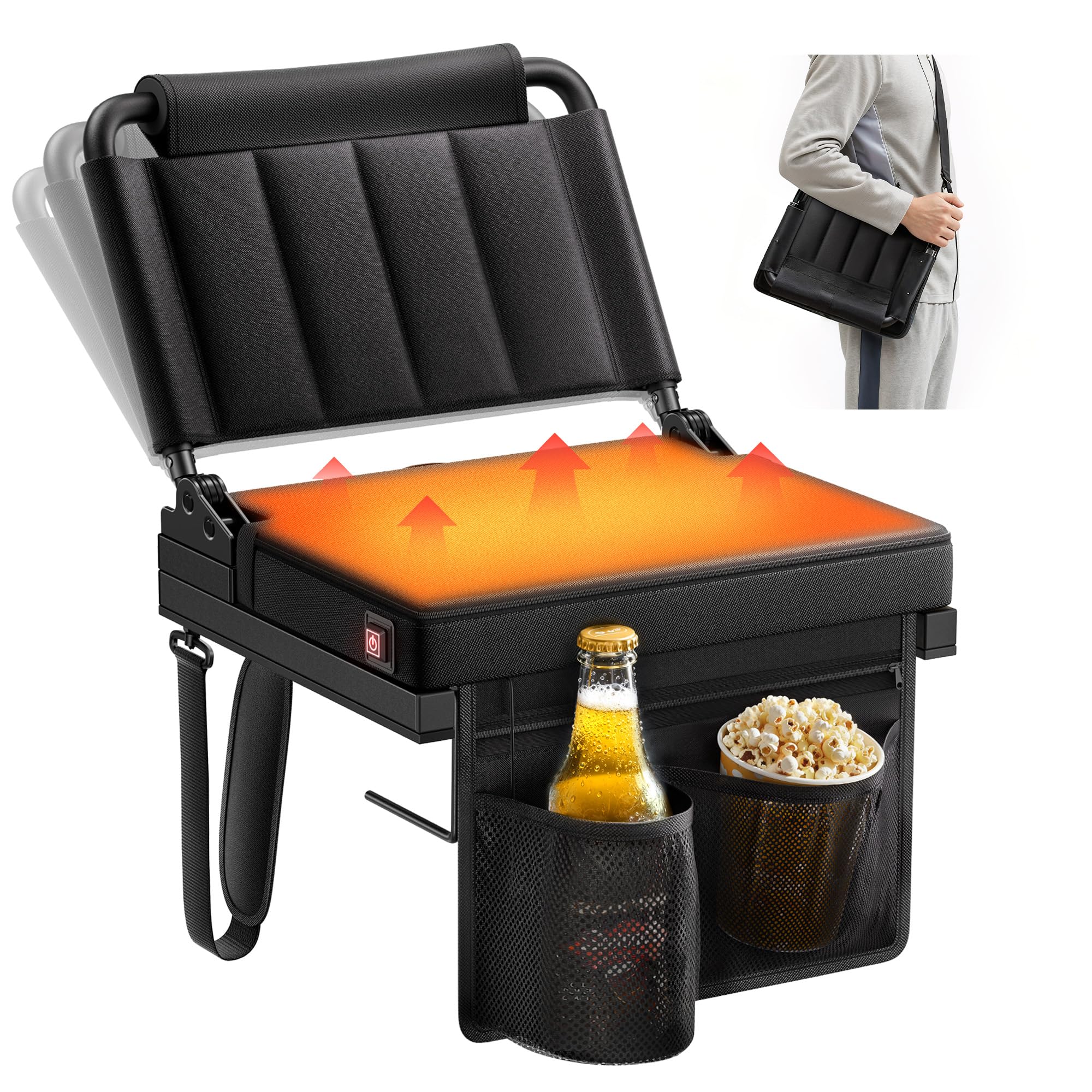 Photo 1 of Heated Stadium Seats with Back Support for Bleacher, Portable 5-Angle and Adjustable Height Thick Cushion Seat with Cup Holder Storage Bag, Includes Shoulder Strap, Used for Sports Events and Concerts