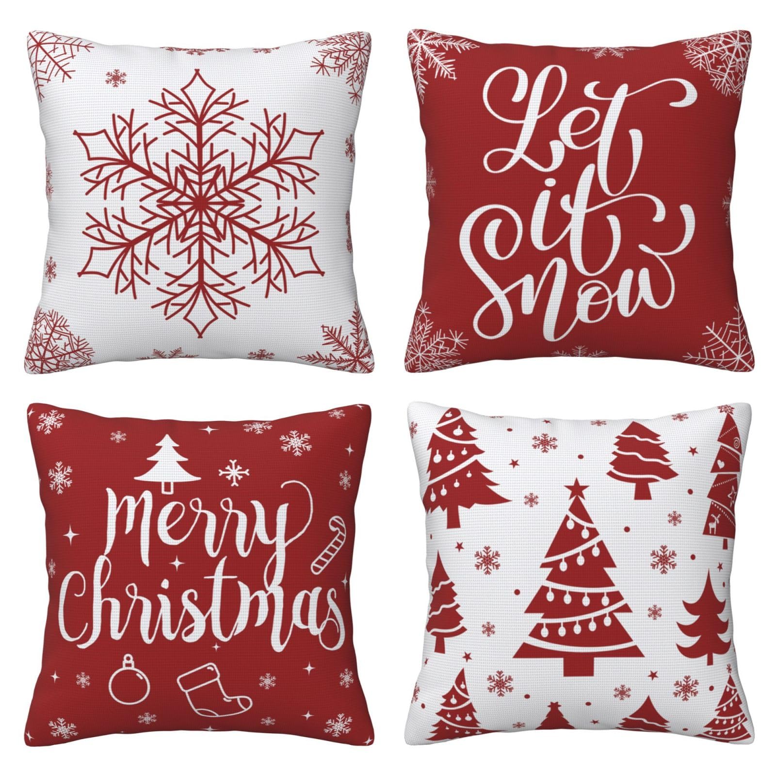 AMZQJD Pack of 4 Cushion Covers, Christmas Element Style Pattern, Decorative Cotton Linen Cushion Covers, 40 x 40 cm, Red Christmas