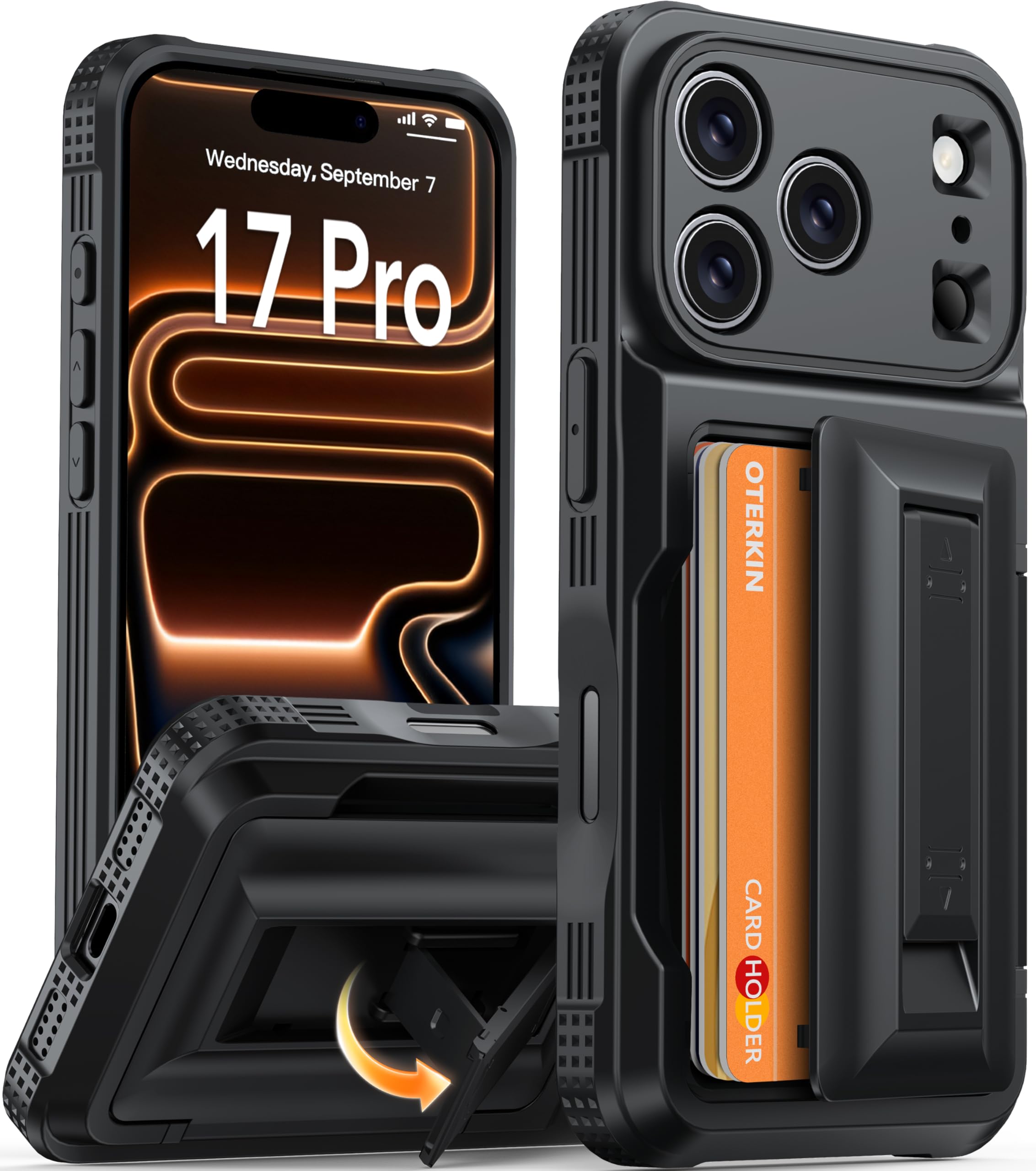 Photo 1 of Oterkin for iPhone 17 Pro Wallet Case [4-5 Card Holder] [Kickstand] [RFID Blocking] [Full Camera Protection] [Military Grade Protection] Shockproof Rugged Phone Case for iPhone 17 Pro, Black