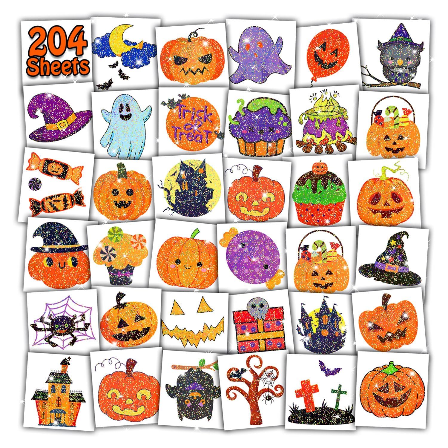 Leesgel Glitter Tattoos for Kids Halloween Decorations, 204 Sheets Individually Wrapped Halloween Pumpkin/Candy/Bat/Spider Temporary Tattoo Stickers, Party Bag Fillers Trick or Treat Supplies