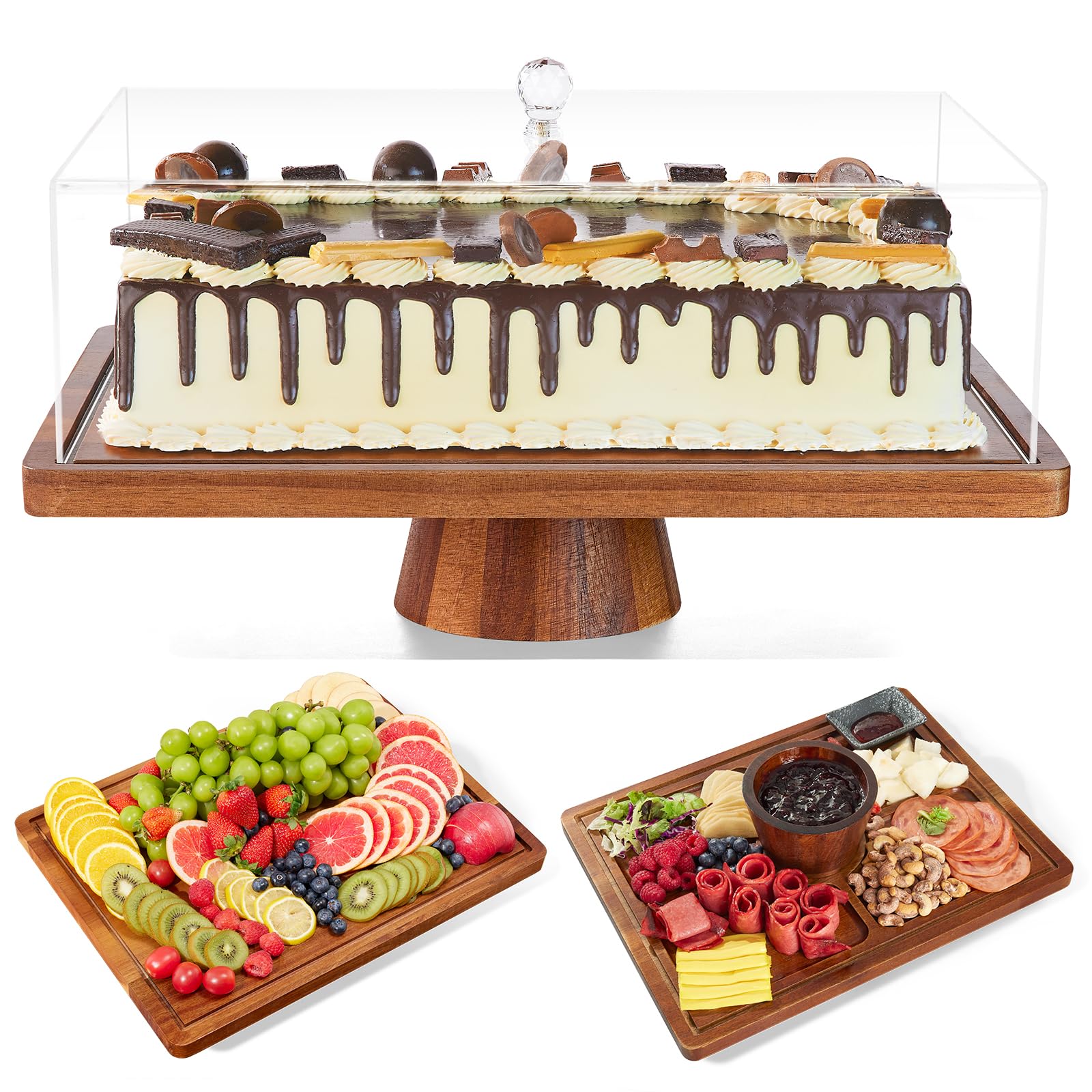 Photo 1 of Cake Stand with Lid-Acacia Wood Cake Stand,2-in-1 Shatterproof Serving Platter & Charcuterie Board with Lid, Dessert Table Display for Party,Fruit Tray,Cheese,Large Rectangular Cake Dome Cover