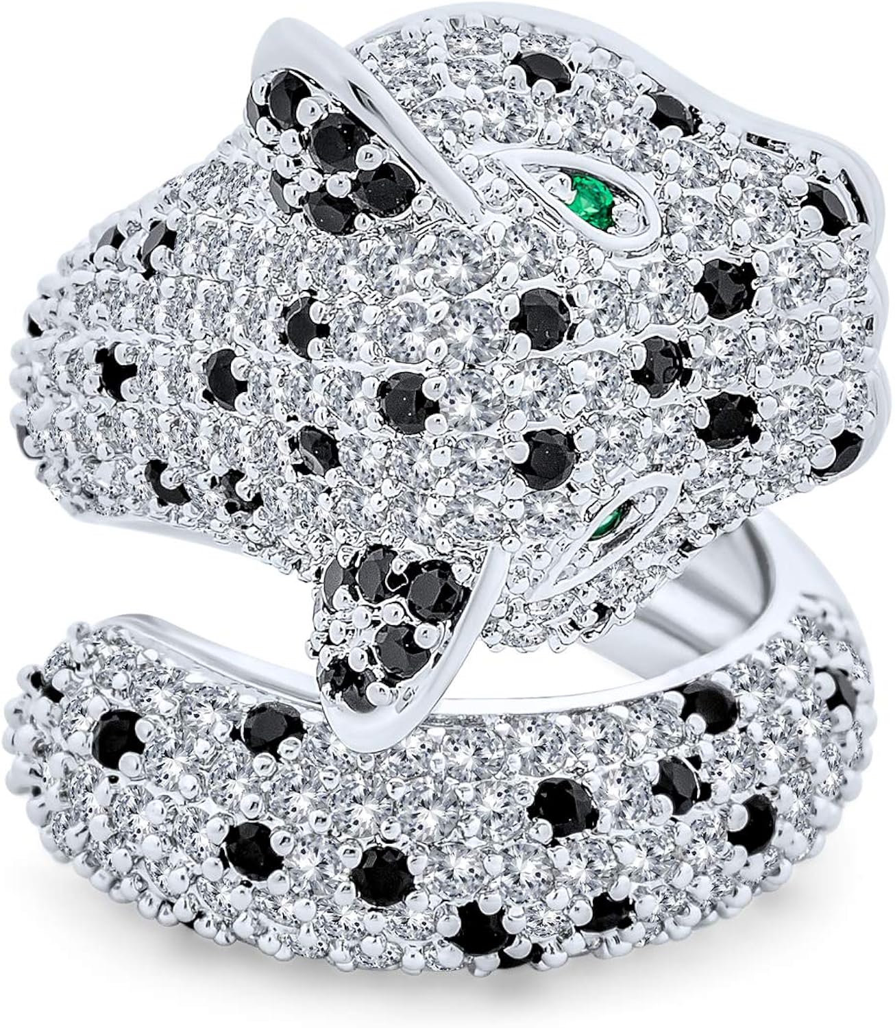 Bling Jewelry Green Eye Black White Cubic Zirconia CZ Fashion Leopard Panther Cat Statement Bypass Ring For Women Silver Plated Brass - Image 3