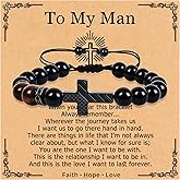 Kessofera Cross Bracelet for Mens Gifts - 8mm Tiger Eye Natural Beads, Stainless Steel Cross Pendant Charm, Religious Christian Easter Baptism Christmas Bracelets Jewelry for Dad Husband Brother