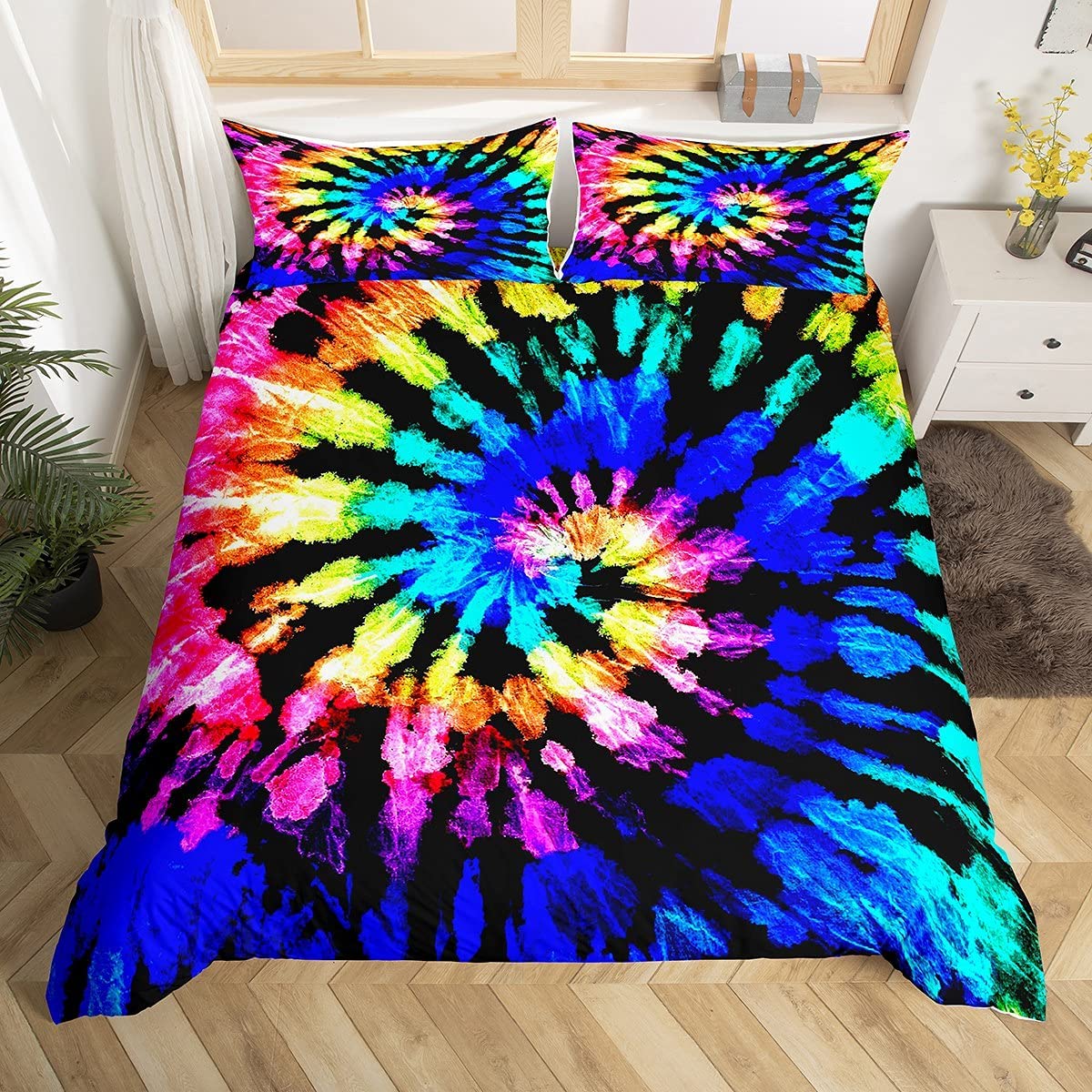Loussiesd Tie-Dye Duvet Cover Set Colorful Boho Psychedelic Swirl Print Comforter Cover for Kids Boys Girls Teens Hippie Bohemian Gypsy Bedding Set Decor 3Pcs Bedspread Cover With 2 Pillowcase Double