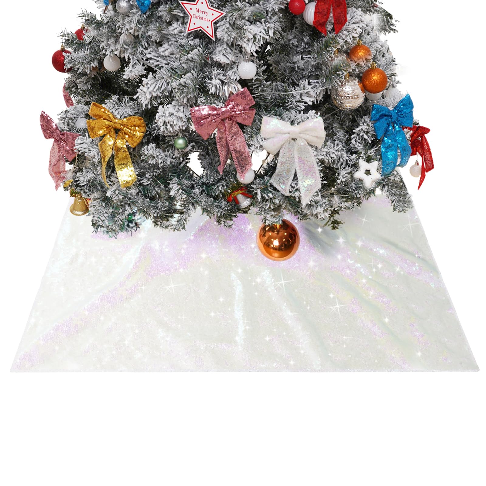 Photo 1 of 24 Inch Square Sequin Christmas Tree Skirt, Small Iridescent White Sparkly Xmas Decoration for Tabletop Trees, Apartments, Dorm Rooms and Small Spaces
