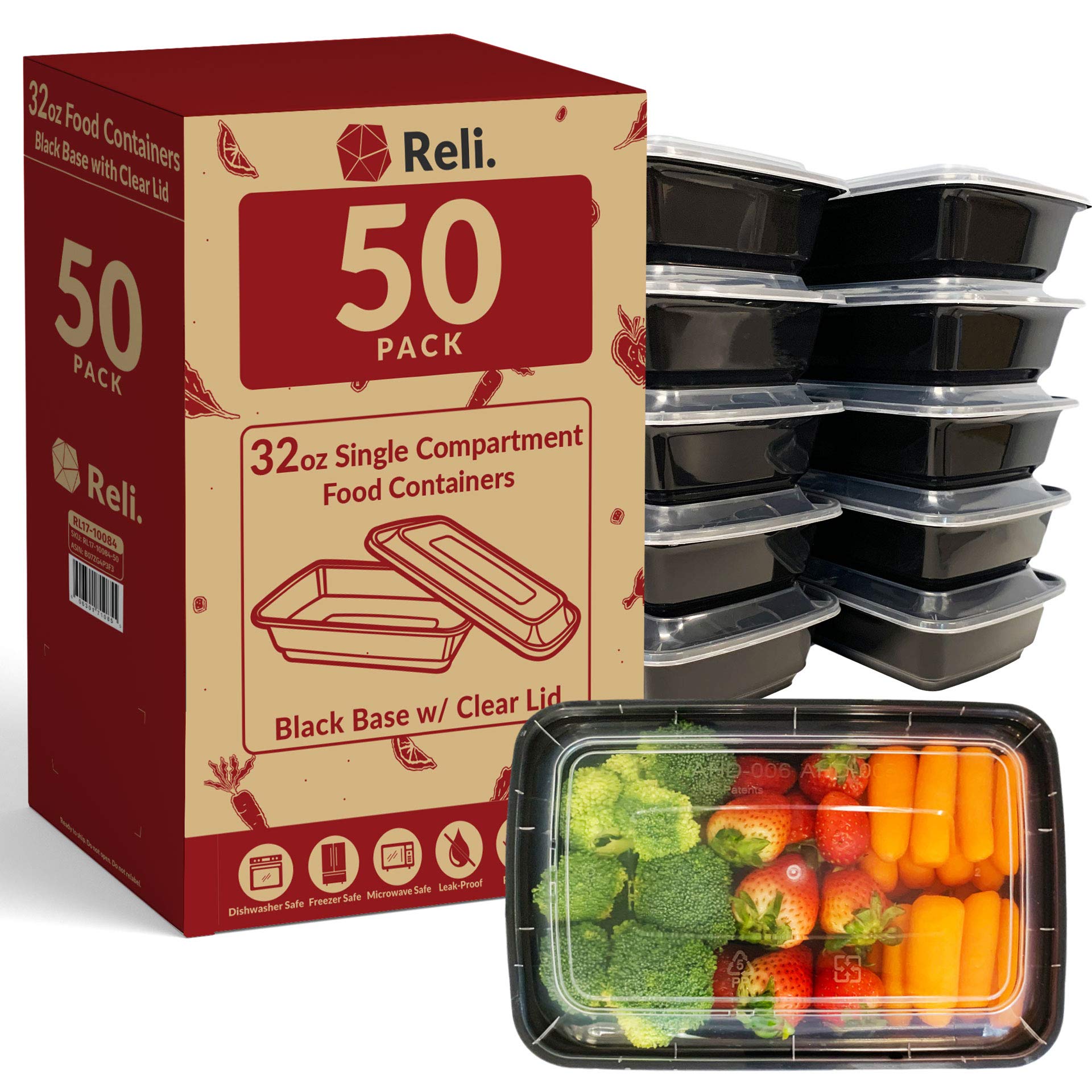 Reli. Meal Prep Containers, 32 oz. (50 Pack) - 1 Compartment Food Containers with Lids, Microwavable Food Storage Containers - Black Reusable Bento Box/Lunch Box Containers for Meal Prep (Black)(32oz)