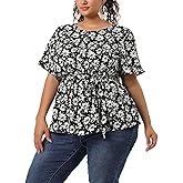 Agnes Orinda Women's Plus Size Tops Short Sleeve Tie Waist Floral Print Blouse Peplum Summer Top