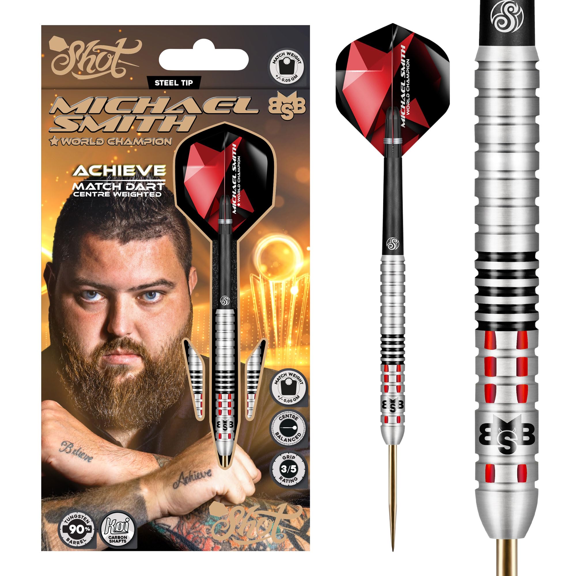 Shot! Darts Michael Smith Achieve Center Weighted 90% Tungsten Pro Throwing Darts Steel Tip Set Professional Made in New Zealand (25, Grams)
