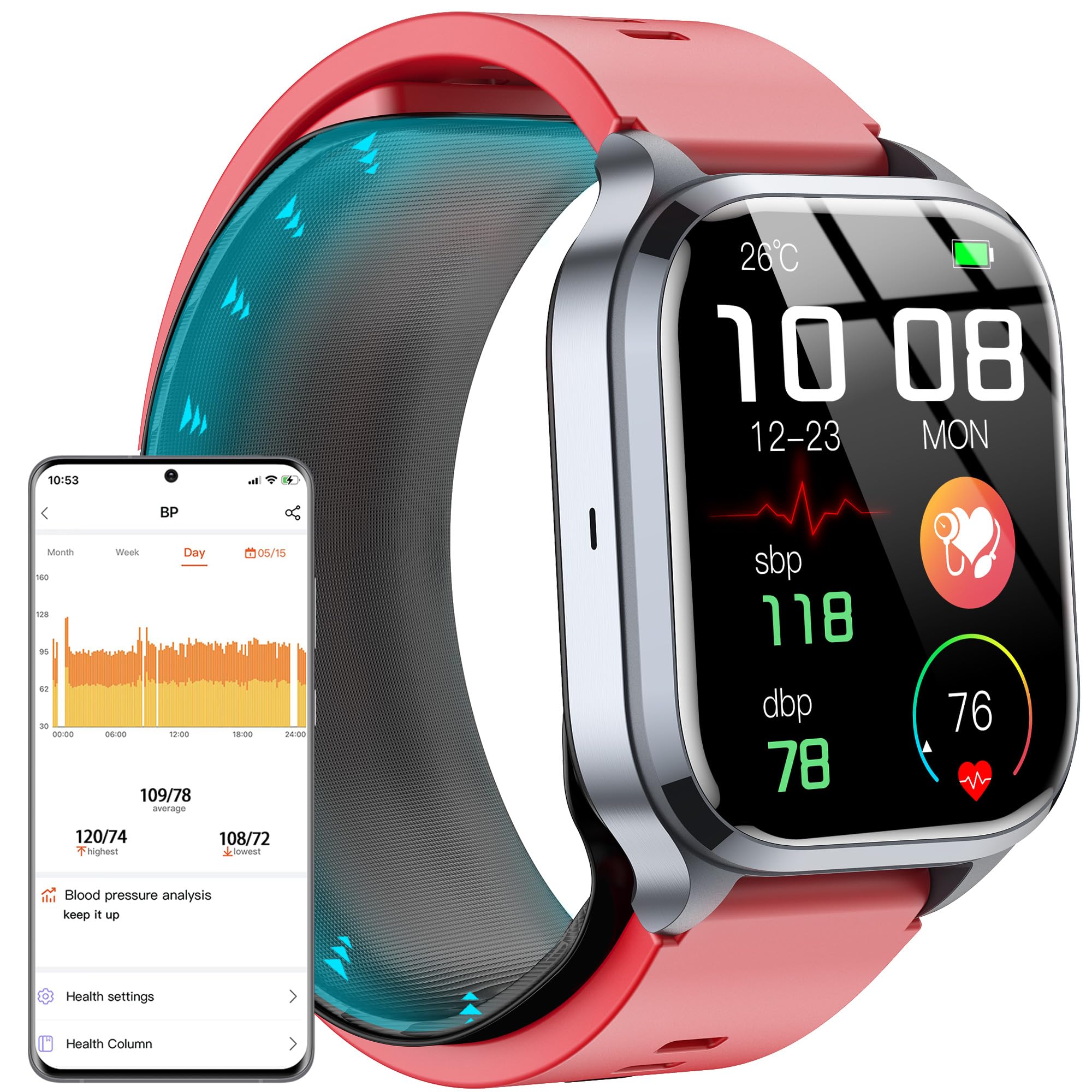 Photo 1 of Yowow BIT Blood Pressure Smart Watch, 2.01" Enlager HD Screen,One -Click SOS, Heart Rate/Blood Oxygen/Sleep Monitor, Multiple Movement Activity Tracker,Bluetooth Calls,Family Data Sharing (Red)