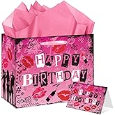 HSKMAKE Pink Happy Birthday Gift Bag for Girls, Large Glossy Gift Bags with Card and Tissue Paper, Birthday Gift Wrapping Paper Bags for Women, Girls, Bday Party Decorations Supplies