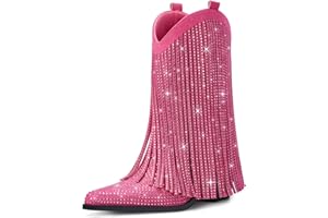 Bybmorto Fringe Cowboy Boots for Women – Mid Calf Cowgirl Boots with Star Studded, Pointed Toe and Chunky Heel, Perfect for Country Music Festivals