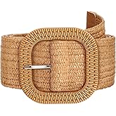SUOSDEY Straw Woven stretchy Waist Belt for Women Dresses,Wide Boho Braided Elastic Belt with Round Buckle