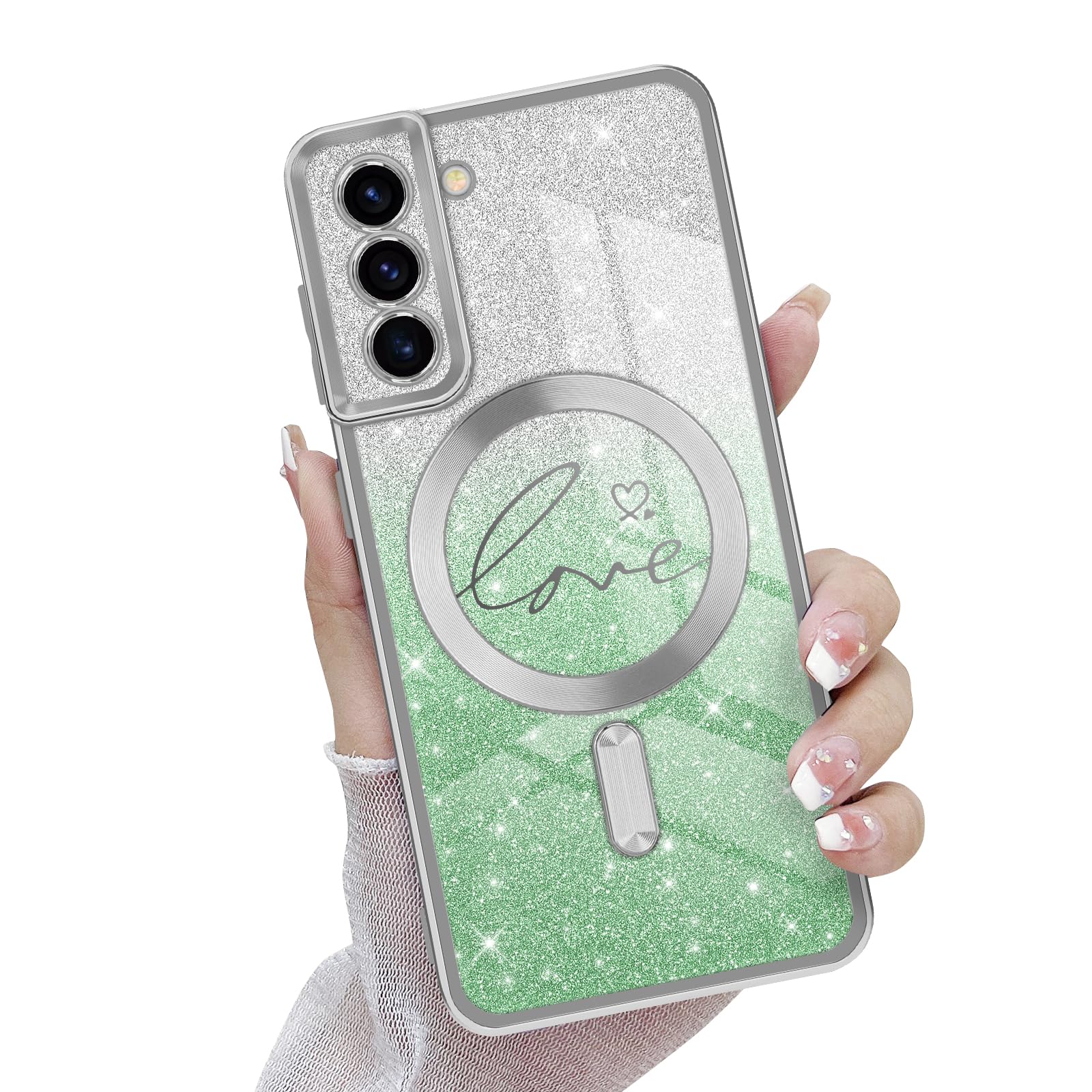 Photo 1 of Newseego for Samsung Galaxy S21 Magnetic Case, Luxury Love Heart Plating Bling Glitter Gradient Clear Case for Women Girls Soft TPU Shockproof Camera Lens Protector Case for Samsung Galaxy S21-Green